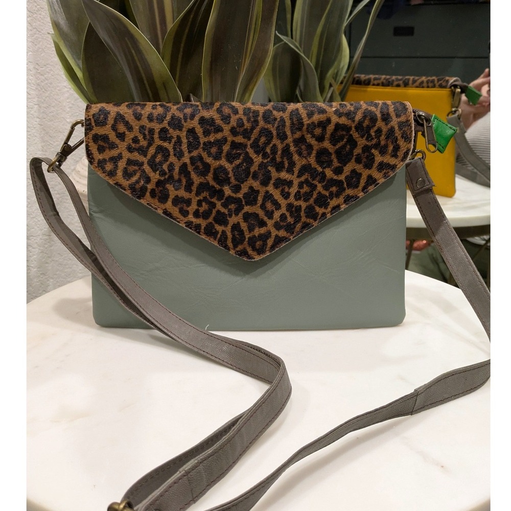 Soruka Leather‎ Leopard Print Envelope Crossbody Clutch Sage Yellow